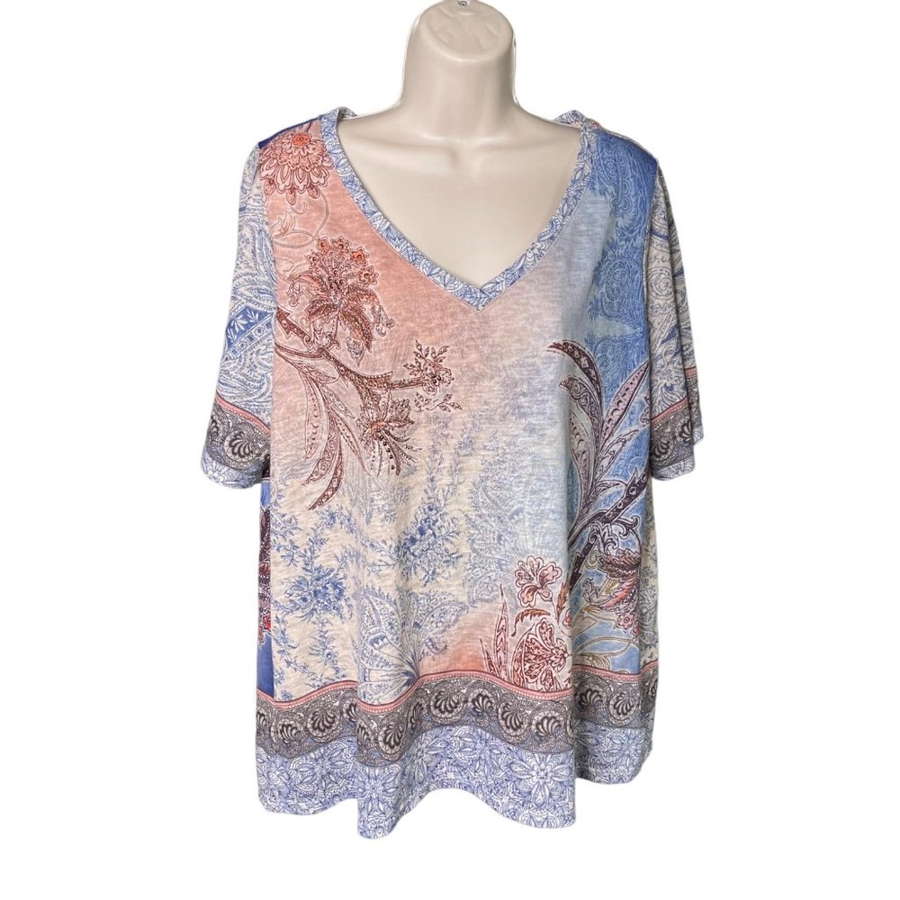 Westport Womens Embellished Top Cruise Ware Blouse Plus Size 2X Blue Pink u